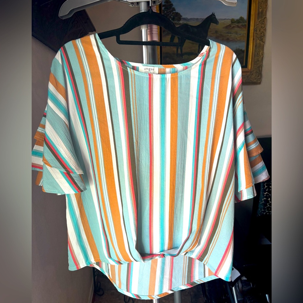 Umgee Green and Orange pastel Short Sleeve Boxy Blouse size small fun spring
